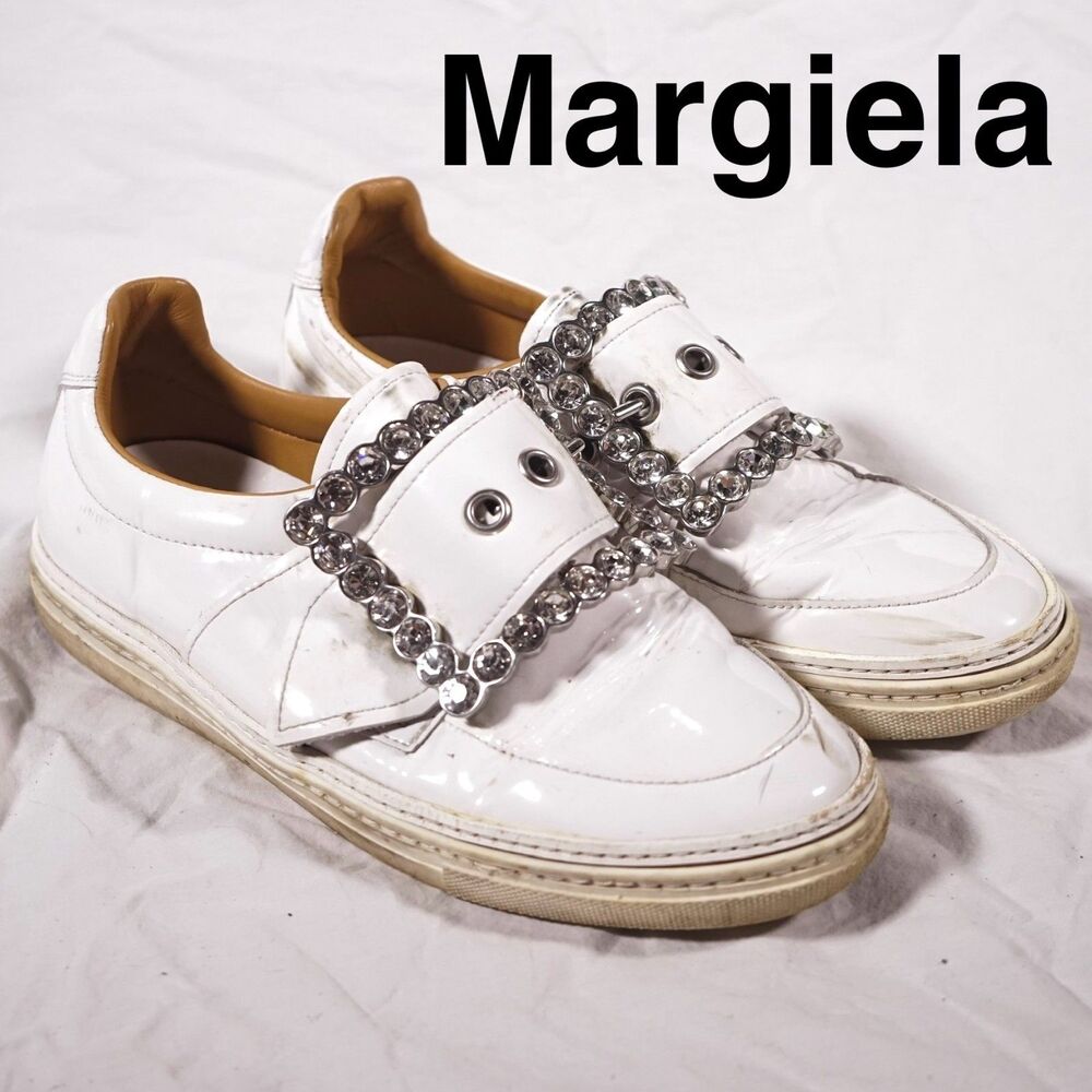 Maison Margiela Vivienne Crystal Buckle Shoes White Leather Womens Size 36.5